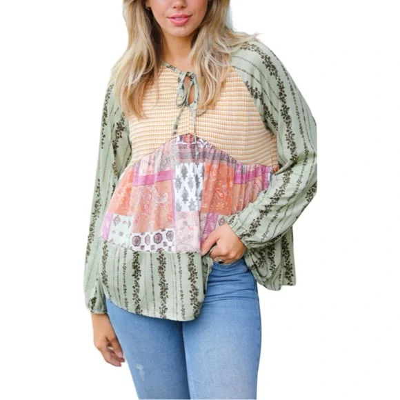 NEW HAPTICS OLIVE & MUSTARD BOHO TWO TONE TIERED BABYDOLL TOP - Picture 10 of 11